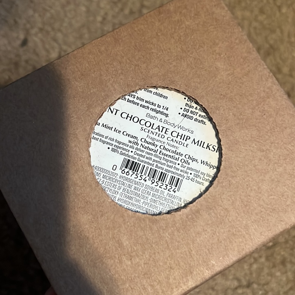 Bath & Body candle, mint chocolate chip milkshake